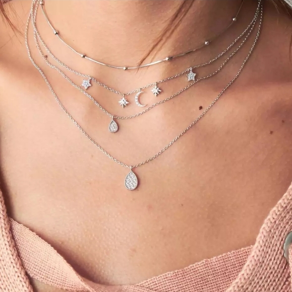 sparkly Necklace Jewelry - Star Moon Crystal Silver Multi Strand Necklace